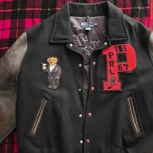 Custom Ralph Lauren Black and Red Varsity Jacket with Bear Patch